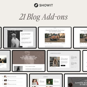 May include: A screenshot of a website showcasing 21 blog add-ons. The website is called "Showit" and features a variety of blog post layouts with different images and text.