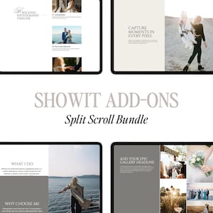 May include: A digital product mockup featuring a wedding photography timeline, with the text "Wedding Photography Timeline." The image includes sample photos and the text "Showit Add-ons Split Scroll Bundle."