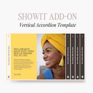 Puede incluir: Una plantilla de acordeón vertical con un fondo amarillo y una mujer con un pañuelo amarillo. El texto "NULLAM QUIS RISUS EGET URNA MOLLIS ORNARE VEL EU LEO." se muestra en el lado izquierdo de la plantilla. El texto "Learn More" se muestra debajo del texto. La plantilla tiene cinco secciones, cada una con un número y un título que dice "Your Section Title Goes Here".