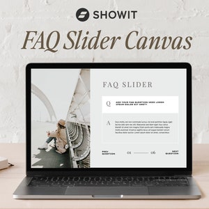 May include: A laptop computer displaying a website with a FAQ slider. The slider has a question and answer section with a gray background. The text on the slider reads "ADD YOUR FAQ QUESTION HERE LOREM IPSUM DOLOR SIT AMET". The slider also has navigation buttons for "PREV QUESTION", "NEXT QUESTION", and page numbers "01" through "06".