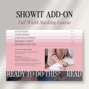 Puede incluir: Un gráfico rosa y blanco con el texto "SHOWIT ADD-ON Full-Width Stacking Canvas" y una lista de pasos para una estrategia de redes sociales. El texto "READY TO DO THIS? READY" está en la parte inferior del gráfico.