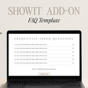 May include: A laptop screen displaying a frequently asked questions (FAQ) template for a website. The template has a simple design with a list of questions and answers. The text on the screen reads "Frequently Asked Questions" and includes the phrase "Add your FAQ question here Lorem ipsum dolor".