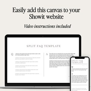 May include: A laptop and a smartphone display a website template with the text "SPLIT FAQ TEMPLATE". The template is designed to help users create a frequently asked questions page for their website.