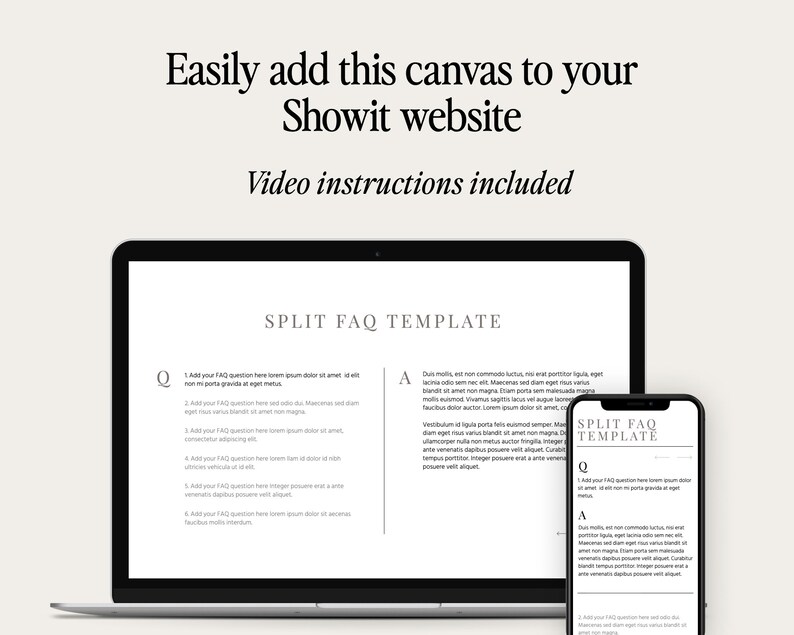 May include: A laptop and a smartphone display a website template with the text "SPLIT FAQ TEMPLATE". The template is designed to help users create a frequently asked questions page for their website.