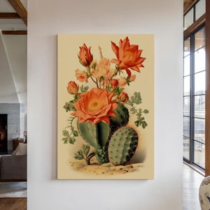 impression d'art mural sur toile fleurs de cactus vintage, décoration de cactus, tableau désert, tenture murale de cactus, décoration sud-ouest, impression de plante succulente