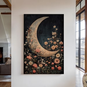 Floral Crescent Moon Canvas Wall Art Print, Dark Cottagecore Aesthetic, Whimsigoth Decor, William Morris Botanical Print, Boho Lunar Art