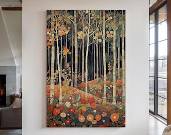 May include: A painting of a forest scene with tall, thin trees and a field of colorful flowers. The trees are white with brown bark and the flowers are red, orange, yellow, and pink.