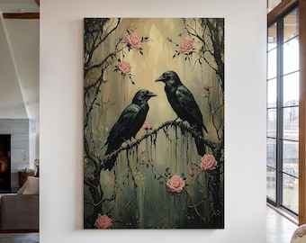 Puede incluir: Dos cuervos negros posados en una rama con rosas rosadas en un ambiente de bosque oscuro y melancólico.