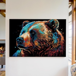 Colorful Grizzly Bear Canvas Wall Art Print, Modern Cabin Decor, Brown Bear Art, Wildlife Animal Print, Bear Lover Gift, Bear Painting