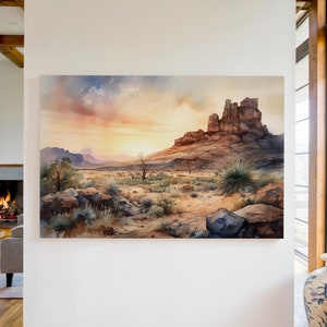 Desert Landscape Canvas Wall Art Print, Desert Decor, Southwestern Decor, Cactus Art, Desert Sunset Wall Hanging, Watercolor Nature Painting