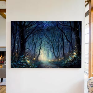Enchanted Forest Canvas Wall Art Print, Firefly Forest Canvas Art, Enchanted Forest Decor, Magical Forest Wall Art, Forest Landscape Art