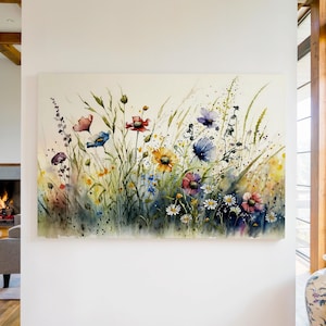 Watercolor Flowers Canvas Wall Art Print, Wildflower Wall Art, Watercolor Flower Painting, Flower Home Wall Decor, Floral Wall Art