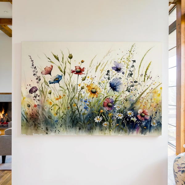 Vibrant Wildflower Meadow Canvas Print, Colorful Watercolor Floral Wall Art for Living Room