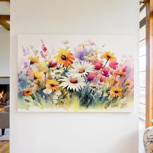 Watercolor Flowers Canvas Wall Art Print, Wildflower Field Art, Nature Home Wall Decor, Floral Wall Hanging, Watercolor Flower Painting