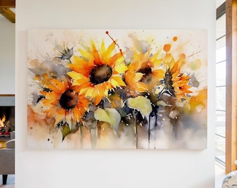 Watercolor Sunflowers Canvas Wall Art Print, Sunflower Decor, Sunflower Wall Art, Floral Wall Hanging, Flower Painting, Spring Home Decor