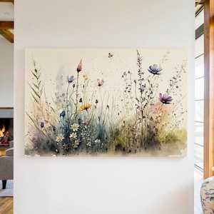 Watercolor Flowers Canvas Wall Art Print, Wildflower Field Art, Watercolor Flower Painting, Nature Home Wall Decor, Floral Wall Hanging
