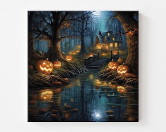Halloween Haunted Mansion Canvas Wall Art Print, Spooky Forest Art, Halloween Decor, Spooky Season Art, Jack O Lantern Print, Haunted House