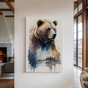 Grizzly Bear Canvas Wall Art Print, Brown Bear Decor, Wildlife Animal Wall Hanging, Bear Lover Gift, Watercolor Grizzly Bear Painting