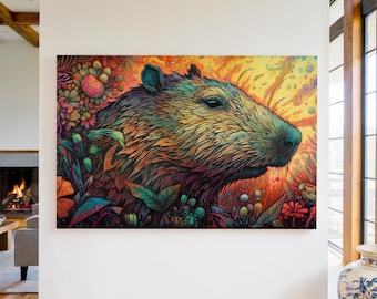 Colorful Capybara Canvas Print: Floral Animal Wall Art