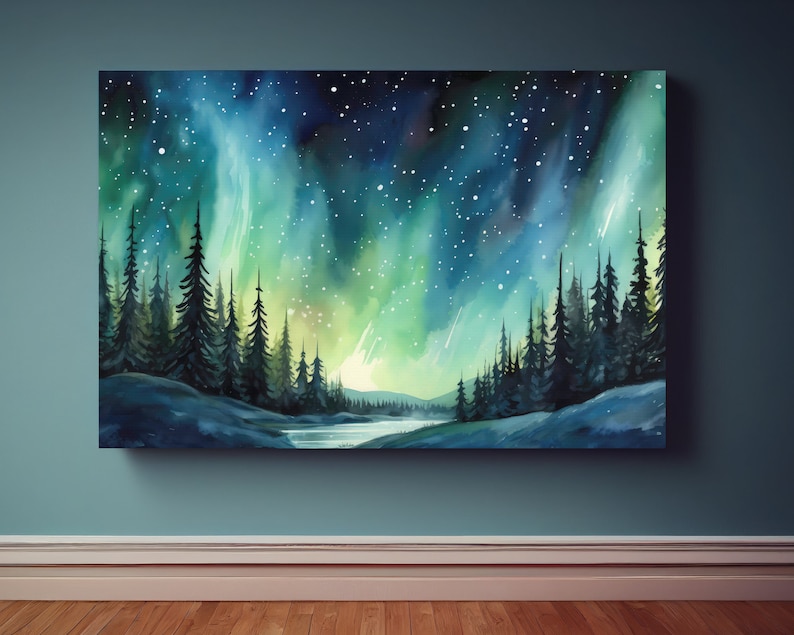 Watercolor Northern Lights Canvas Wall Art Print, Aurora Borealis Art, Snowy Forest Landscape