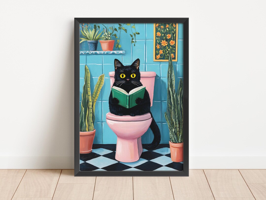 Black Cat on Toilet Giclee Art Print, Funny Bathroom Wall Art, Colorful ...