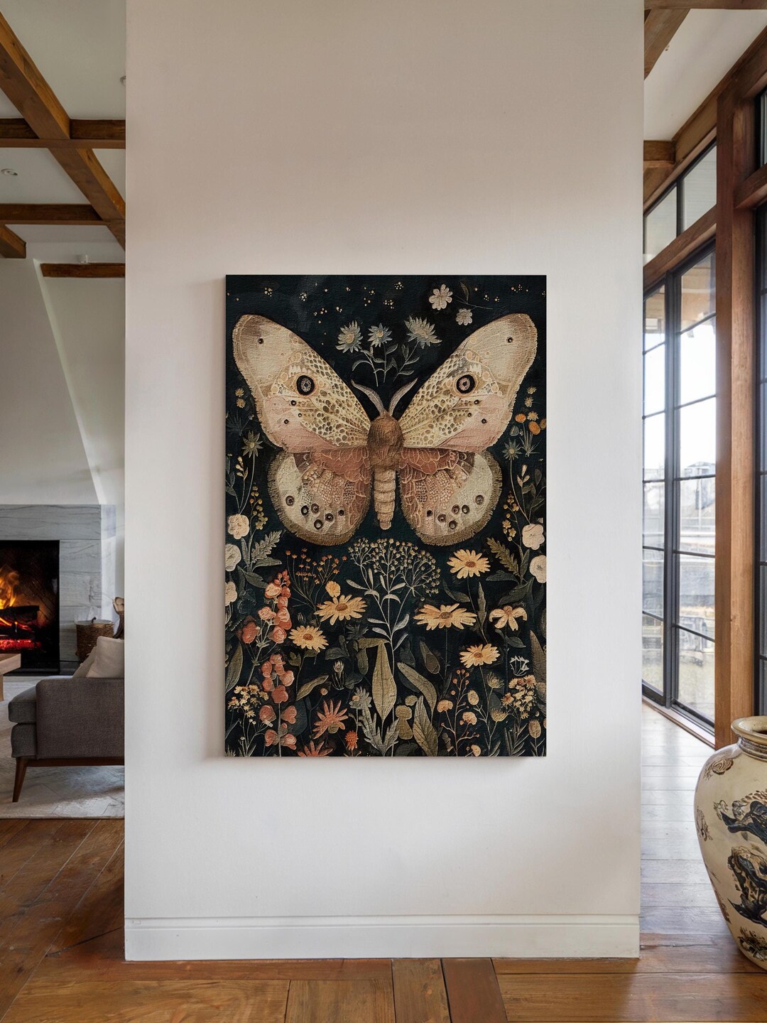 Moth & Floral Canvas Wall Art Print, William Morris Inspired Nature ...