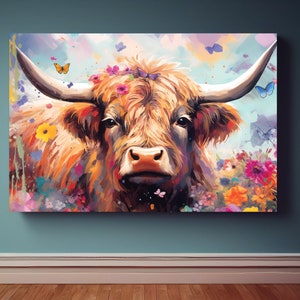 Scottish Highland Cow Canvas Wall Art Print, Cow Decor, Animal Wall Hanging Decoration, Rustic Farmhouse Decor, Floral Nature Painting