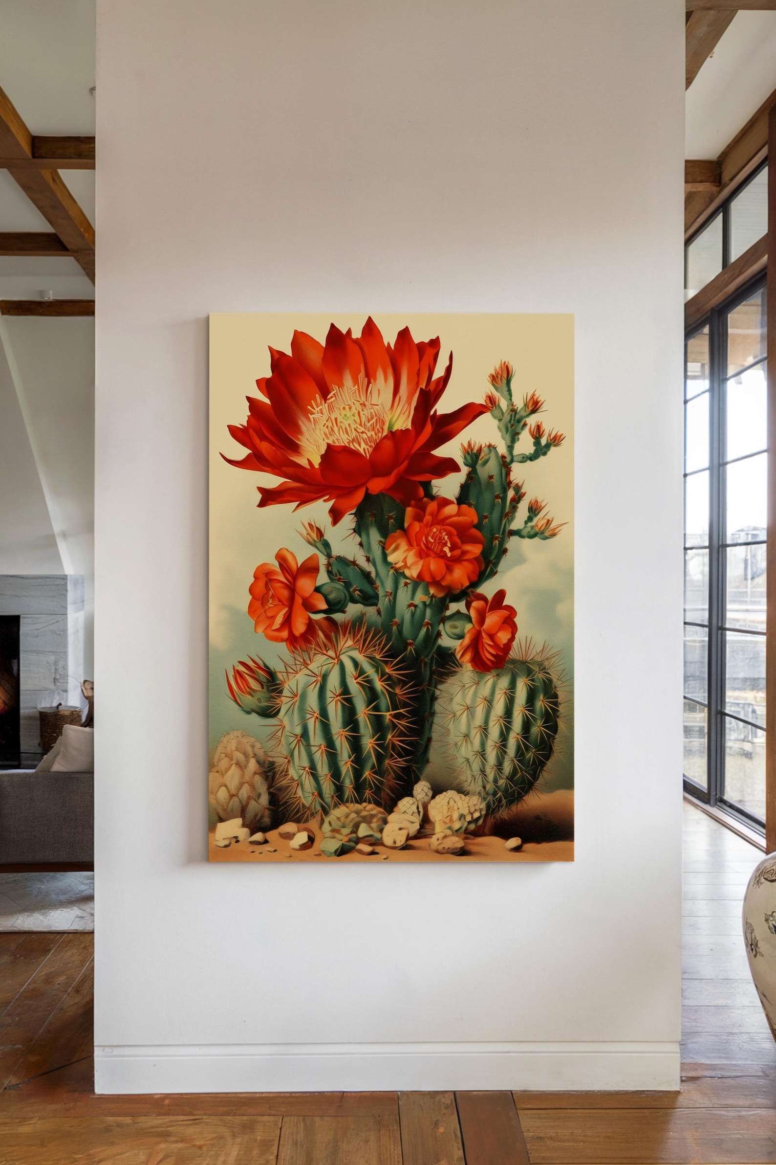 Vintage Cactus Bloom Canvas Wall Art Print, Cactus Decor, Desert Painting, Cacti Wall Hanging, Southwestern Decor, Succulent Plant Print