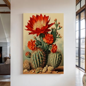 Vintage Cactus Bloom Canvas Wall Art Print, Cactus Decor, Desert Painting, Cacti Wall Hanging, Southwestern Decor, Succulent Plant Print