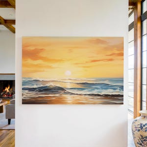Ocean Sunset Canvas Wall Art Print, Ocean Decor, Sunset Wall Art, Seascape Painting, Beach Wall Hanging, Coastal Wave Home Decor