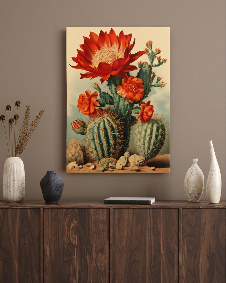 Vintage Cactus Bloom Canvas Wall Art Print, Cactus Decor, Desert ...