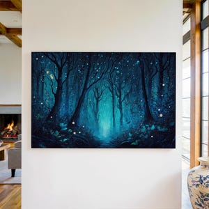 Enchanted Forest Canvas Wall Art Print, Firefly Forest Canvas Art, Enchanted Forest Decor, Magical Forest Wall Art, Forest Landscape Art