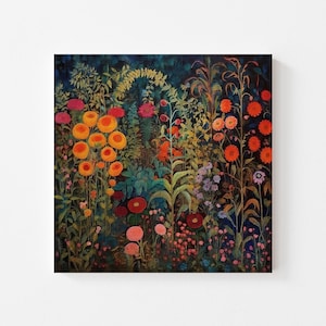 Flower Garden Canvas Wall Art Print, Gustav Klimt Inspired Painting, Floral Wall Hanging, Flower Home Wall Decor, Art Nouveau Prints