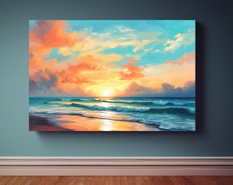 Ocean Sunset Canvas Wall Art Print, Ocean Decor, Sunset Decor, Beach Wall Art, Seascape Painting, Sunset Wall Art, Coastal Decor Wall Art