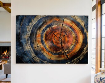 May include: A close-up of a tree trunk cross-section, showing the intricate rings and patterns of the wood. The colors range from deep blue and black to warm orange and red, creating a striking abstract design.