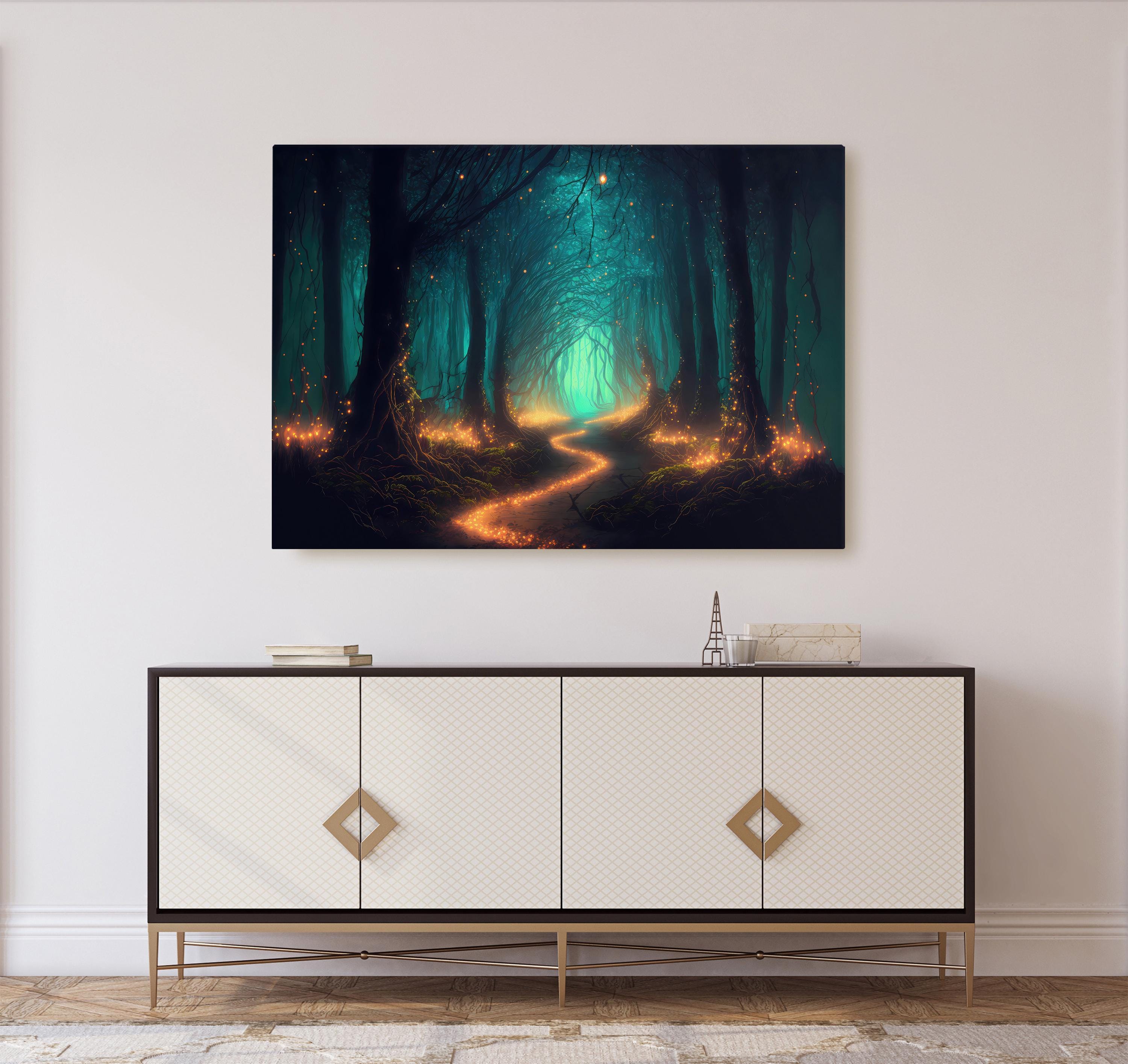 Glowing Firefly Path Canvas Print, Enchanted Forest Woodland Art ...