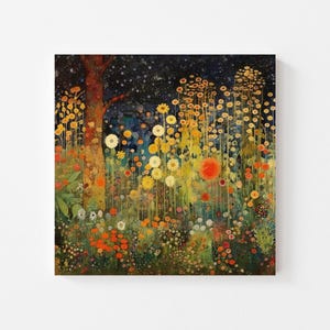 Flower Garden Canvas Wall Art Print, Gustav Klimt Inspired Painting, Floral Wall Hanging, Flower Home Wall Decor, Art Nouveau Prints