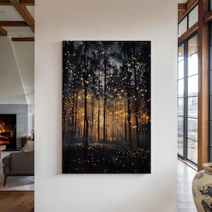 Enchanted Forest Firefly Canvas Wall Art Print, Dark Moody Woodland Decor, Fireflies Painting, Night Time Nature Landscape, Whimsical Decor