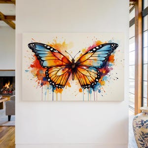 Watercolor Butterfly Canvas Art Print, Colorful Monarch Butterfly Wall Art, Nature-Inspired Decor, Abstract Butterfly Painting, Splash Art