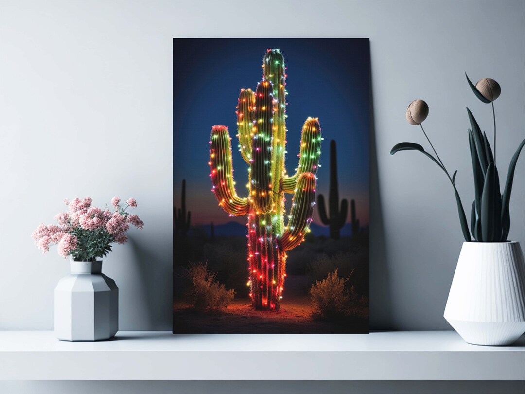 Christmas Cactus Canvas Wall Art Print, Christmas Decor, Cactus Decor