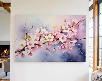 Watercolor Cherry Blossoms Canvas Wall Art Print, Cherry Blossom Tree Branch, Japanese Sakura Tree Art, Nature Home Decor, Floral Painting