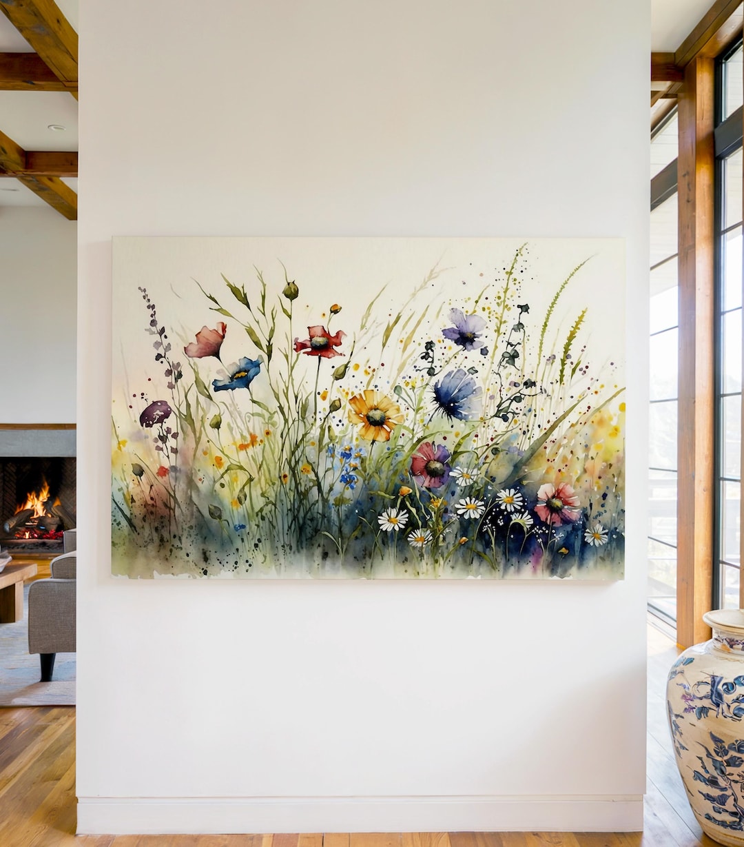 Vibrant Wildflower Meadow Canvas Print, Colorful Watercolor Floral Wall ...
