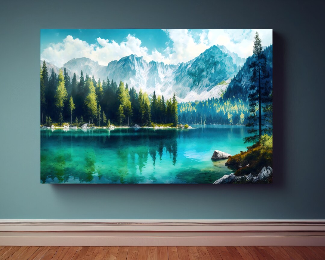 Watercolor Mountain Lake Canvas Wall Art Print, Mountains Wall Decor