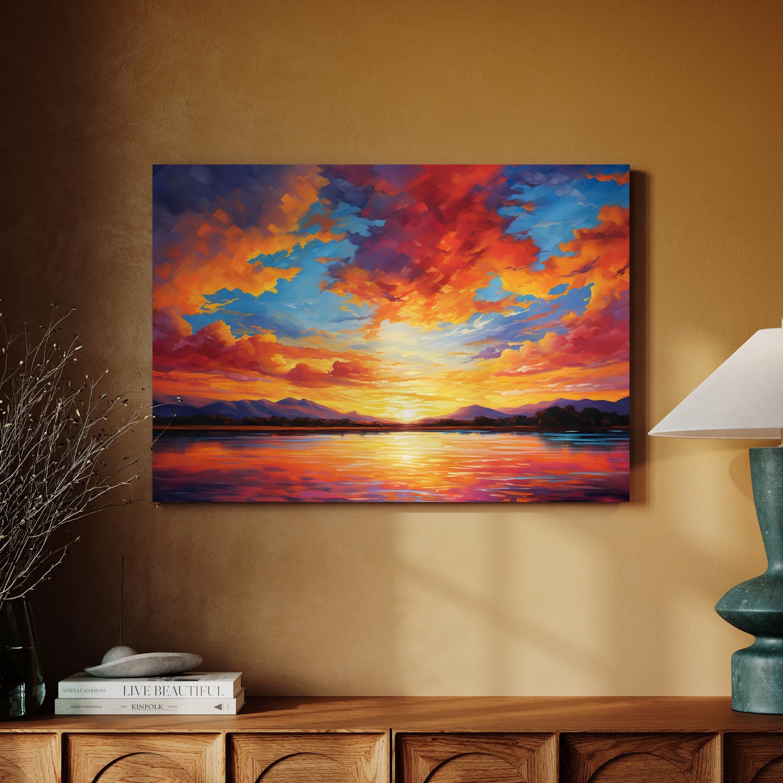 Fiery Mountain Lake Canvas Print, Impressionist Sunset Wall Art ...