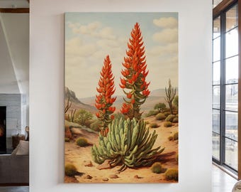 Red Flowering Succulent Canvas Print, Vintage Botanical Desert Wall Art, Rustic Southwestern Decor