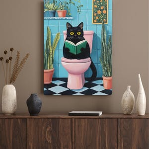 Black Cat on Toilet Canvas Art Print, Funny Bathroom Wall Art, Colorful ...