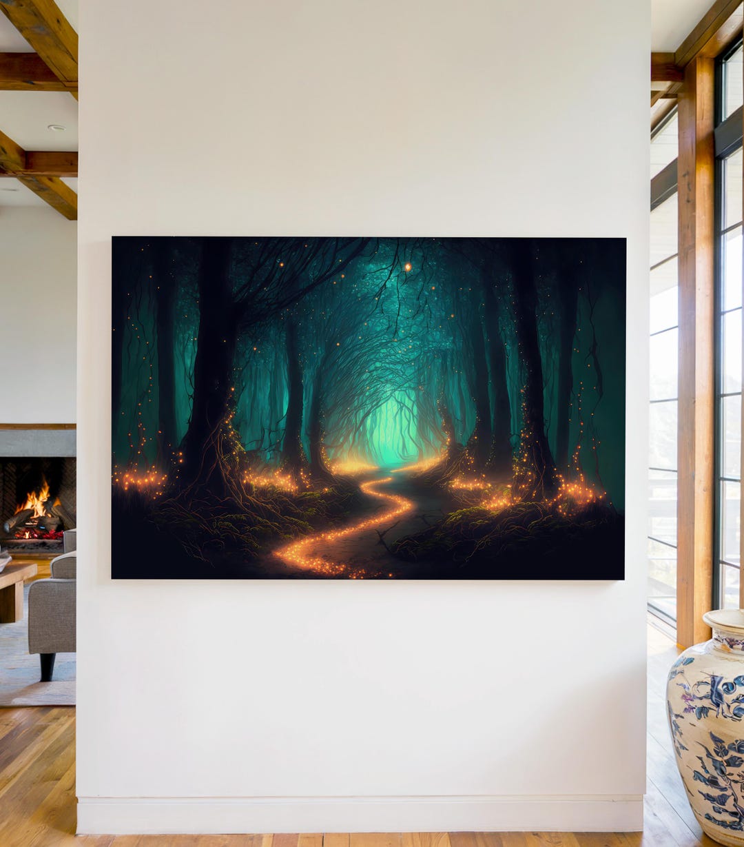 Glowing Firefly Path Canvas Print, Enchanted Forest Woodland Art ...