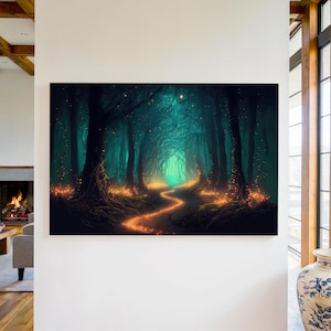 Enchanted Forest Canvas Wall Art Print, Firefly Path Art, Enchanted Forest Decor, Magical Forest Wall Hanging, Forest Landscape Painting