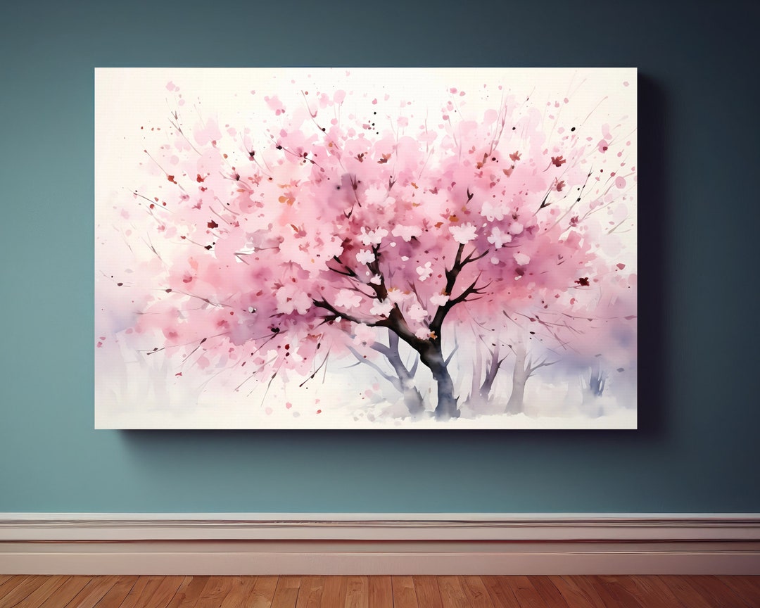 Watercolor Cherry Blossoms Canvas Wall Art Print, Cherry Blossom Trees
