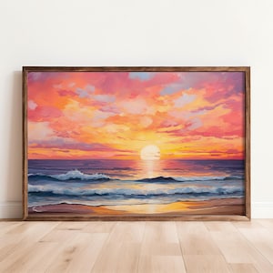 Impresión artística en papel de puesta de sol en el océano, decoración del océano, decoración del atardecer, arte mural de playa, pintura de paisaje marino, arte del atardecer, decoración costera, impresiones de póster mate